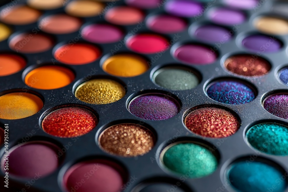 Poster colorful assortment of eyeshadow shades displayed in a rectangular palette on a textured surface for