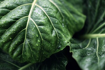 Close-up view of fresh green leaves with water droplets showcasing nature's beauty and texture in a vibrant garden setting