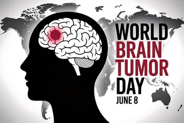 World brain tumor day illustration featuring a head silhouette and world map background