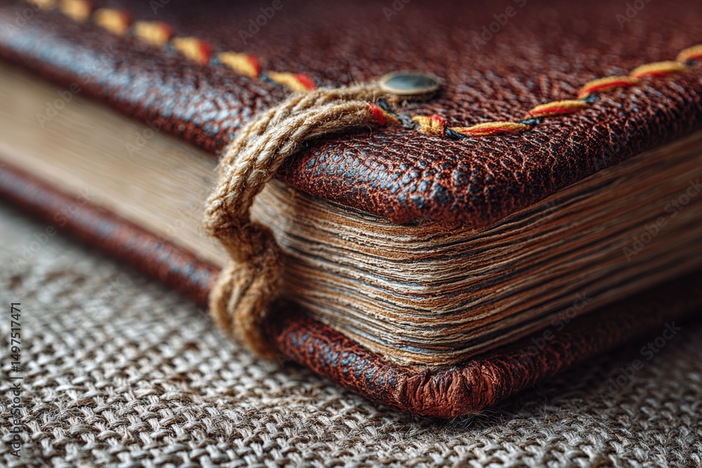 Poster Leather-bound journal with intricate stitching and natural texture displayed on linen background