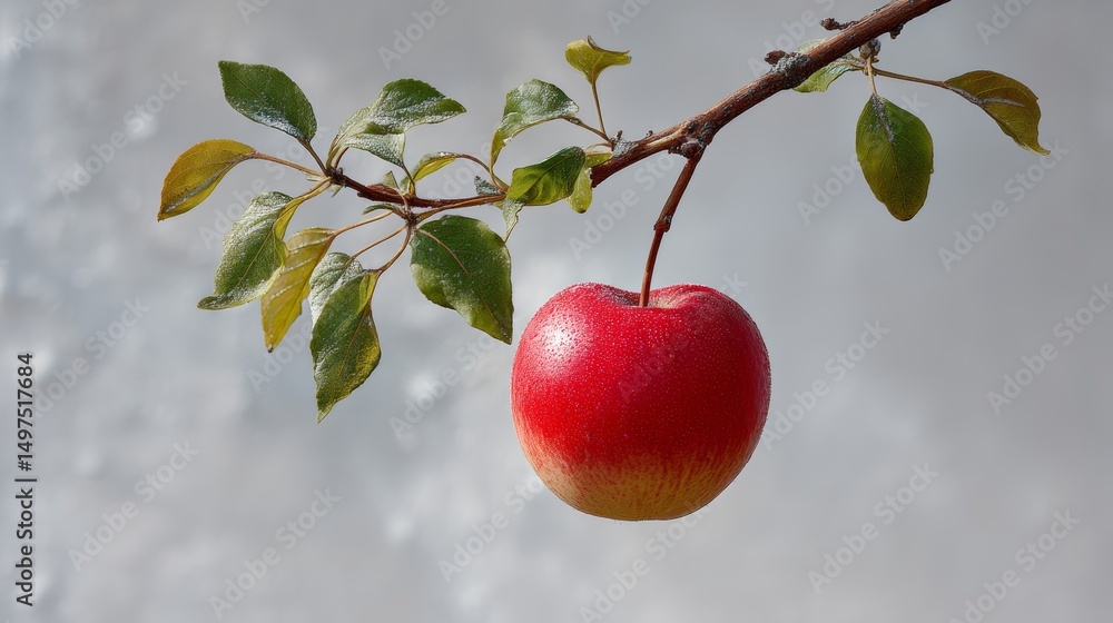 Poster red apple hanging from a tree branch. the apple is shiny and has a stem. concept of freshness and na