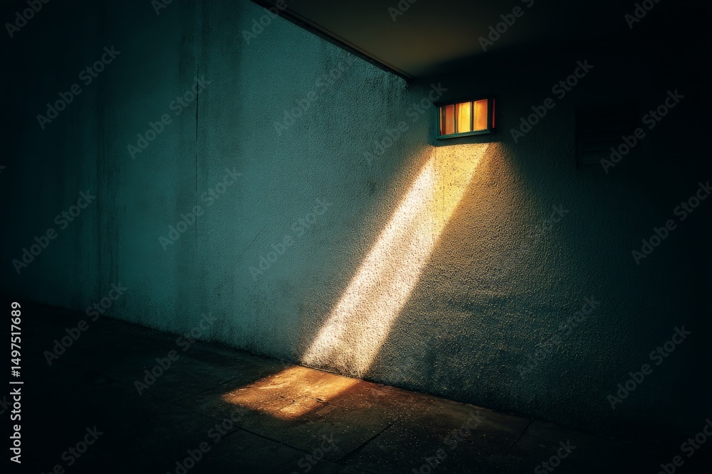 Poster light streaming through a small window illuminates a dark corner of a quiet urban space