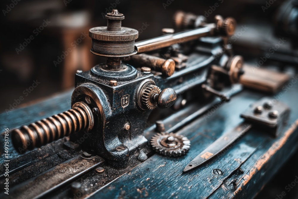 Poster vintage metal lathe on wooden workbench showcasing intricate details and craftsmanship in a workshop