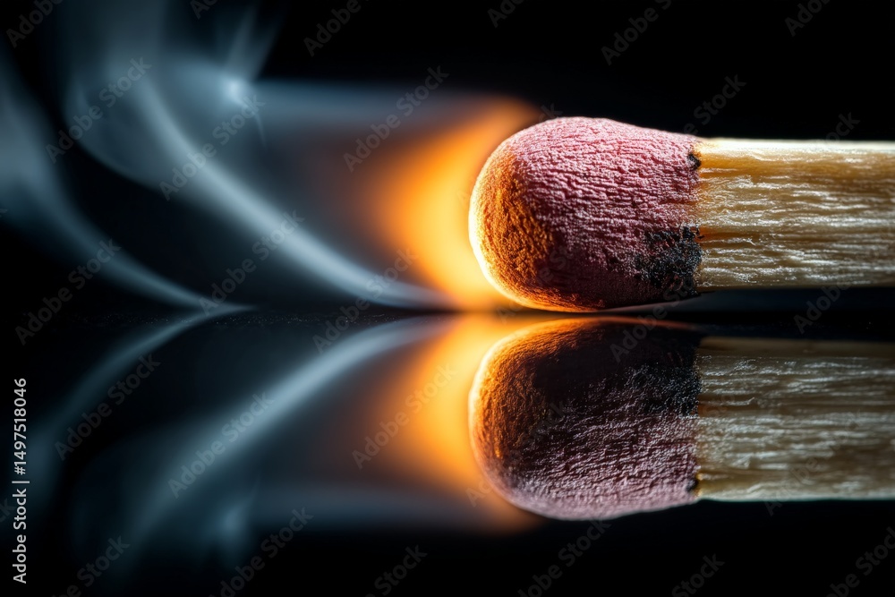 Poster Close-up of a match striking and igniting with a faint smoke trail in a dark setting