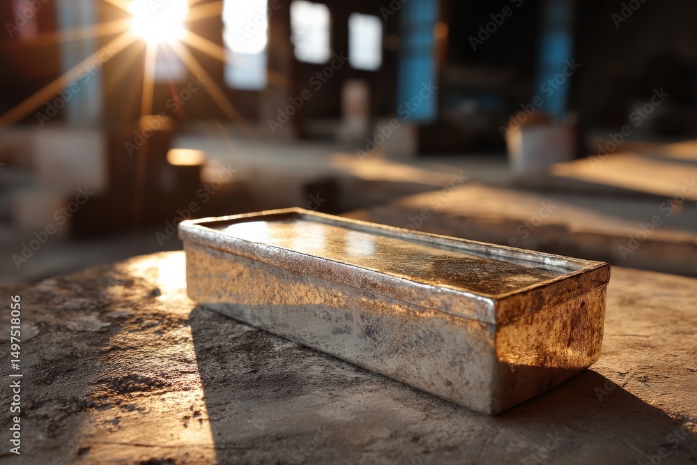 Poster silver bar resting on a stone surface with sunlight illuminating the surroundings in an industrial s