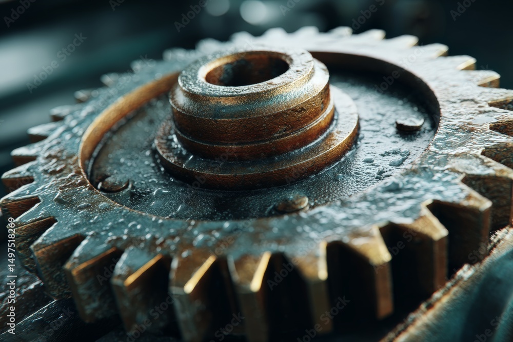 Poster close-up view of a rusted metal gear in an industrial setting highlighting intricate details and tex