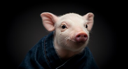 Fototapeta premium Adorable piglet wearing a denim jacket posing against a dark background