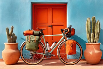 Touring bicycle with gear parked against a vibrant colorful background