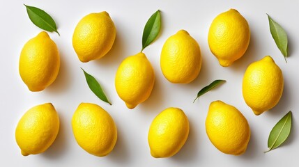 Bunch of lemons with green leaves in the background. The lemons are yellow and arranged in a row