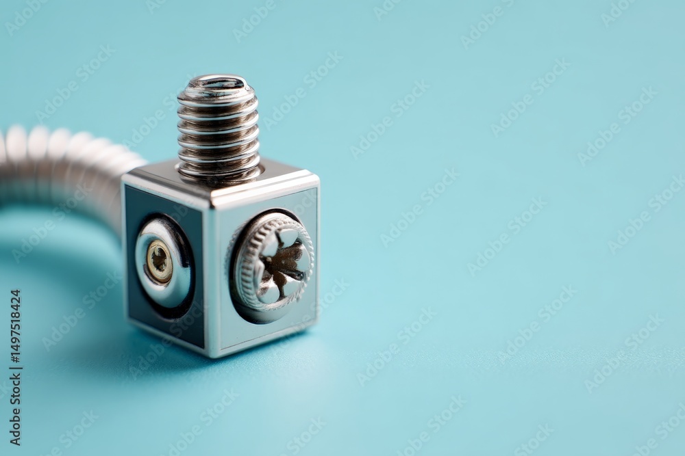 Poster close-up of a metallic connector on a blue background highlighting modern industrial design features