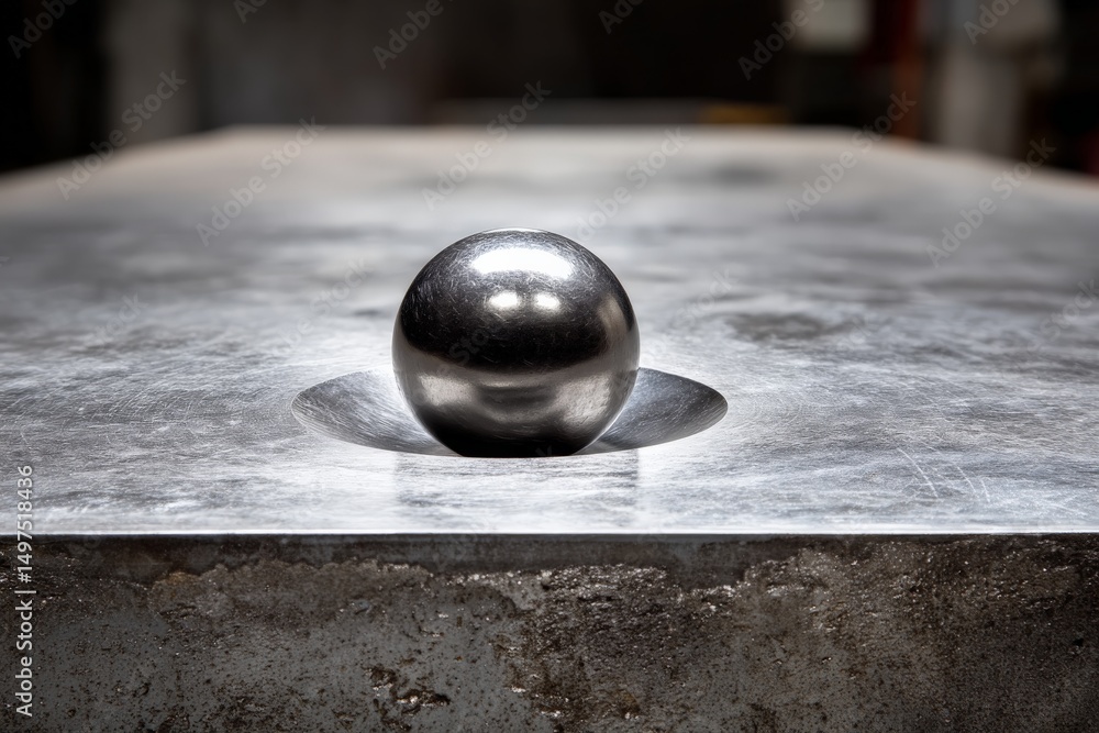 Poster metal sphere resting in a recessed area on a polished steel surface in a workshop setting