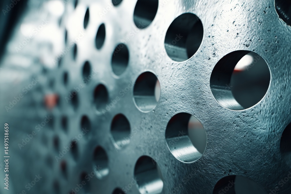 Aufkleber Close-up view of a metal perforated sheet displaying intricate patterns and textures in an industrial setting