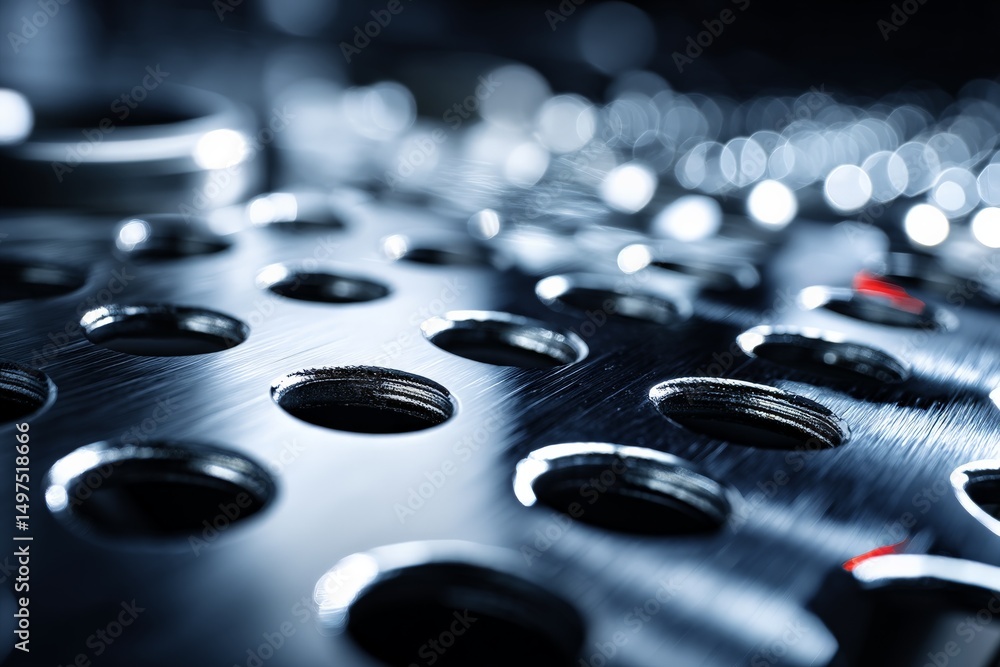 Poster Close-up view of metallic surface with holes demonstrating industrial design and precision engineering in a workshop setting