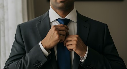 A man in a dark suit and tie adjusting his necktie in preparation