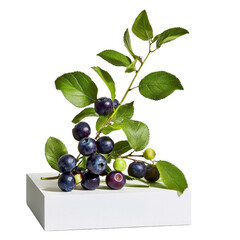 Fresh Blueberries with Green Leaves on White Display Block, Perfect for Healthy Eating, Smoothies, and Culinary Presentations, Isolated on White Background Transparent background, PNG
