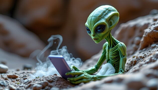 an alien sitting in a rocky cave environment is holding a smartphone with an illuminated screen.