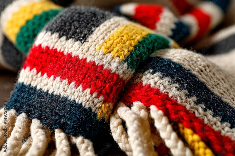Poster handmade knit scarf showcasing vibrant colors and patterns on a textured background in a cozy indoor