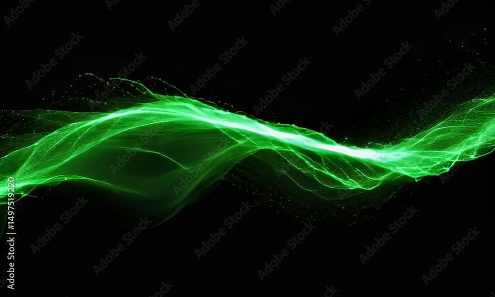 Poster abstract green wave motion on black background with particle effects for technological concepts