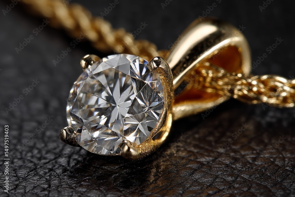 Poster shimmering diamond pendant with a gold setting on a dark leather surface during a close-up view