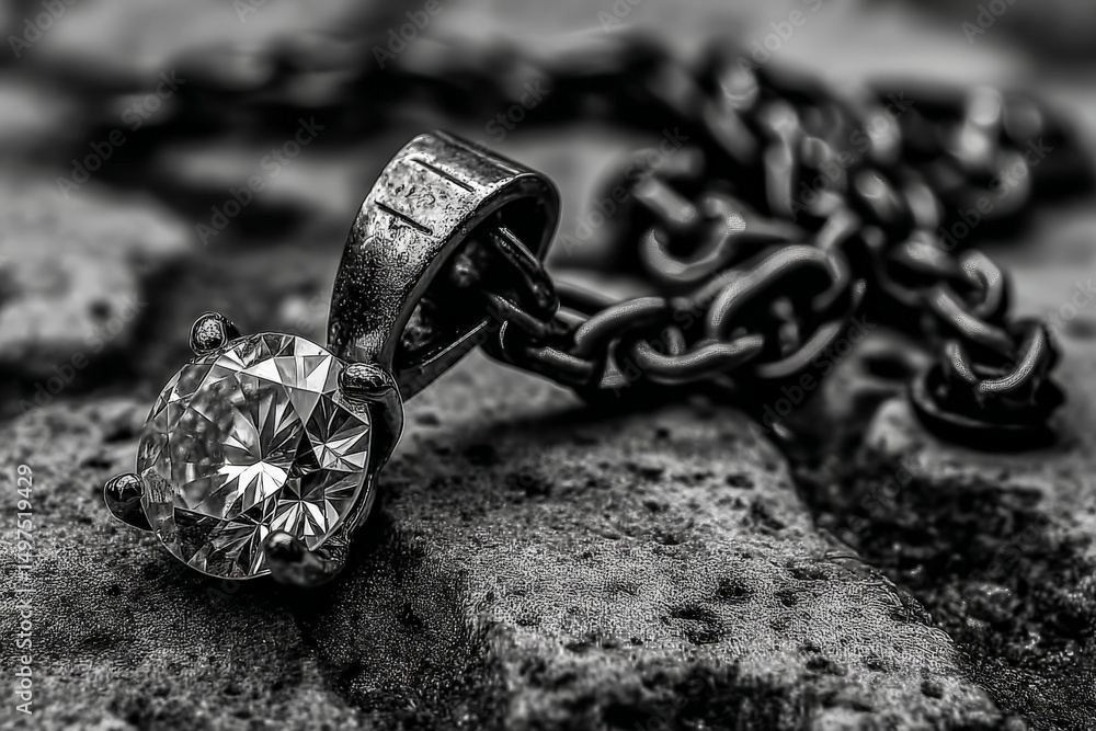 Poster Close-up view of a sparkling diamond pendant resting on a textured surface with a dark chain in the background