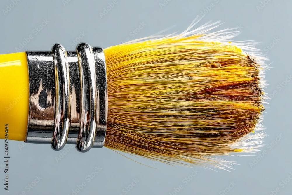 Poster close-up view of a paintbrush bristles with yellow paint on a light background in an art studio envi
