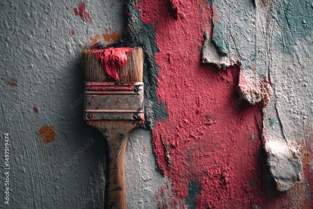Aufkleber paintbrush resting against textured wall with peeling layers and vibrant red paint in a renovation s