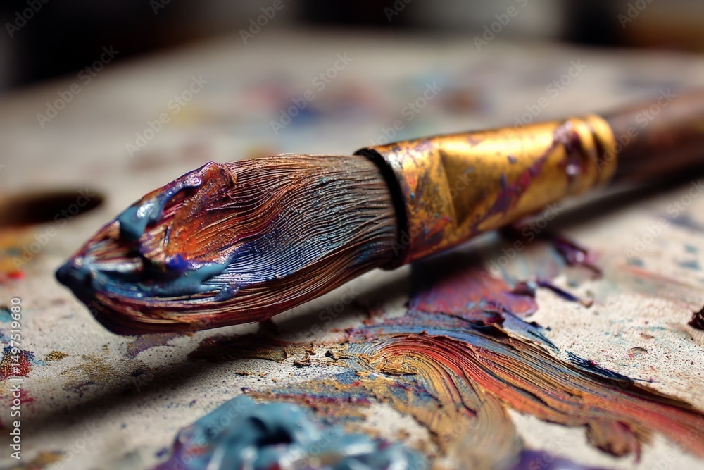 Poster Brush with vibrant paint resting on a colorful palette surrounded by artistic materials in a studio setting
