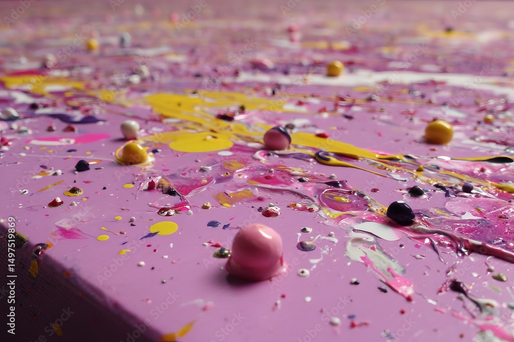 Poster Colorful abstract paint splashes on a textured surface create a vibrant visual experience in an artist's workspace