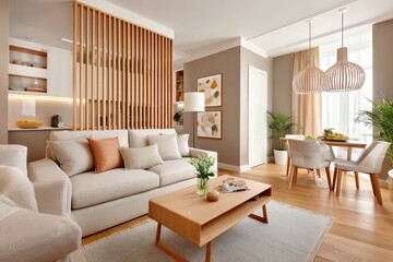 Fototapeta premium Contemporary open-concept apartment with neutral tones and stylish wooden interior accents