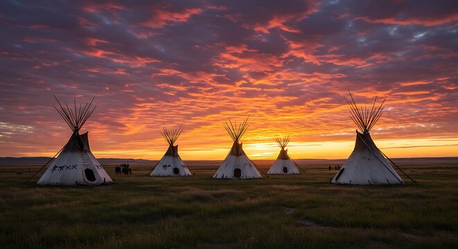 Plains tipis silhouetted against fiery sunset