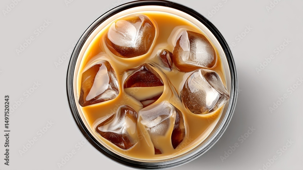Poster glass of coffee with ice cubes in it. the ice cubes are scattered throughout the coffee, creating a 