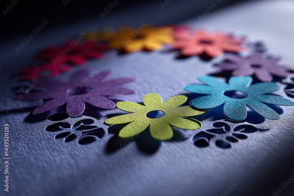 Poster colorful paper flowers arranged in a decorative circle on textured surface during creative crafting 