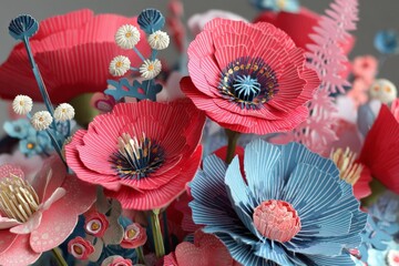 Colorful handmade paper flowers in various shapes and sizes arranged beautifully in a vibrant bouquet