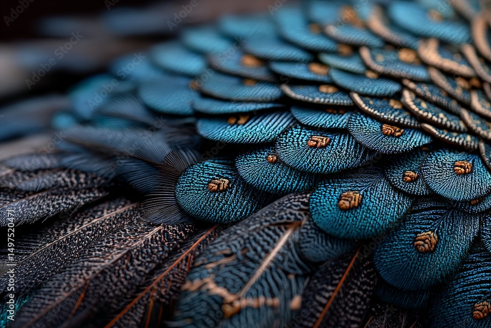 Poster Colorful iridescent feathers showcasing intricate patterns from a tropical bird in a natural setting under bright daylight