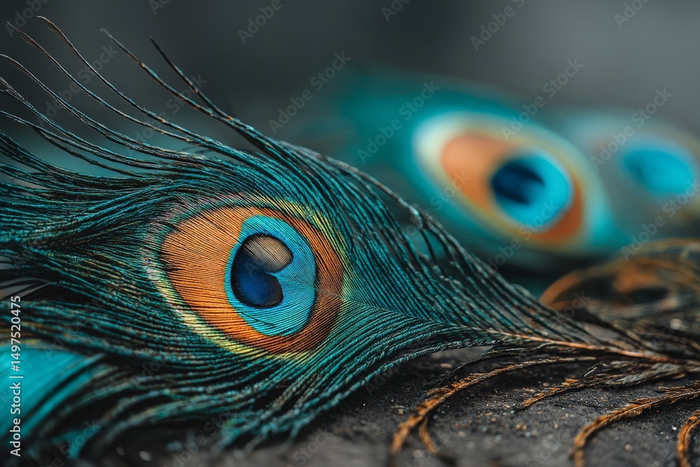 Poster colorful peacock feathers arranged artistically showcasing vibrant patterns and textures in natural 