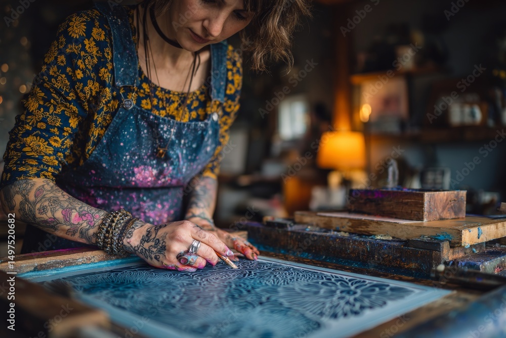 Poster creative artist designs intricate patterns using traditional methods in a cozy studio during dayligh