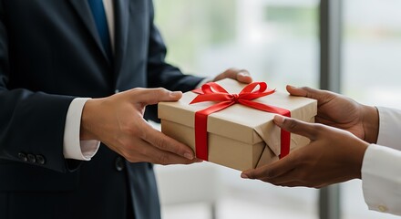 Two people exchanging a gift wrapped in brown paper and tied with red ribbon