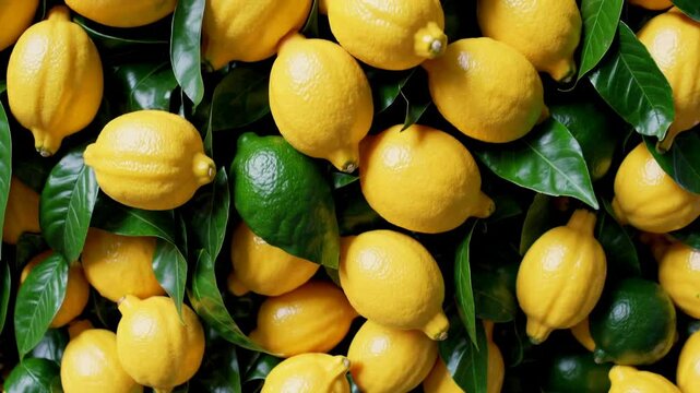 Juicy lemons and limes creating a vibrant pattern with lush green leaves