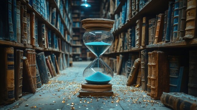 An enchanting hourglass amidst ancient dusty books in a mysterious library, symbolizing the passage of time and knowledge