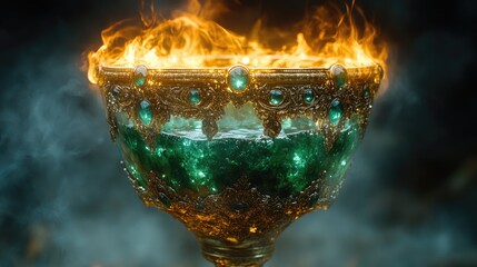 A mystical ancient chalice filled with emerald liquid, surrounded by flames and sparkling jewels, creating an enchanting atmosphere of fantasy and magic.