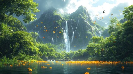 A tranquil landscape showcasing a majestic waterfall cascading down rocky mountains surrounded by lush greenery and vibrant flowers in a serene jungle setting.