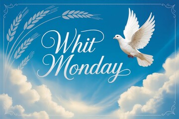 Whit monday celebration with dove, wheat stalks, and clouds against a blue sky backdrop