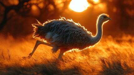 A graceful ostrich running through sunlit grasslands at dusk, highlighted by the warm glow of a setting sun