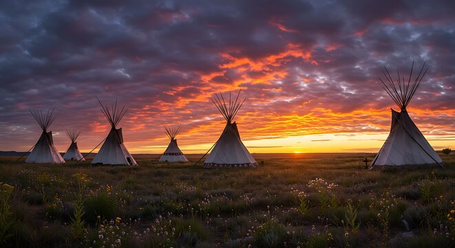 Prairie tipis at sunset under fiery sky