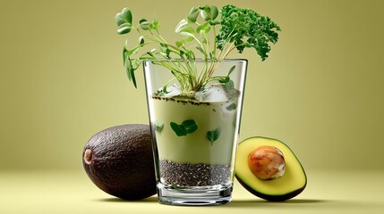 Glass of green juice with a plant in it and an avocado on the table. The juice is made with avocado and kale