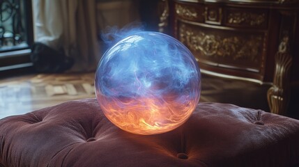 A mystical crystal ball surrounded by ethereal wisps of blue and orange smoke, resting on a plush ottoman in an elegant room.