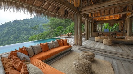 Luxurious open-air living space with a breathtaking view of a tropical forest and infinity pool