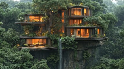 Stunning treehouse architecture nestled among lush green foliage with cascading waterfall and warm ambient lighting