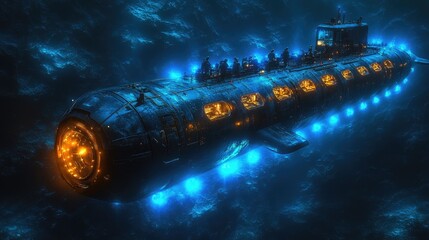 A futuristic submarine exploring the depths of the ocean, illuminated by glowing blue lights and surrounded by mysterious underwater creatures