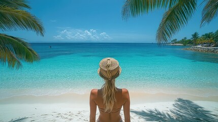 A serene beach scene featuring a woman gazing at turquoise waters under a bright blue sky surrounded by palm trees